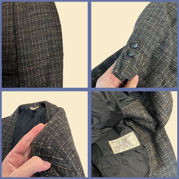 Vintage 1970s charcoal sports coat by Barrage, plaid 70s black/beige jacket - Picture 3 of 7